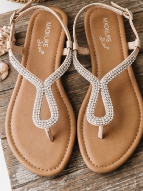 Madeline Stuart Shoes - Madeline Stuart Elegant Pearl-Embellished Tan Sandals 8.5 slip-on slingback